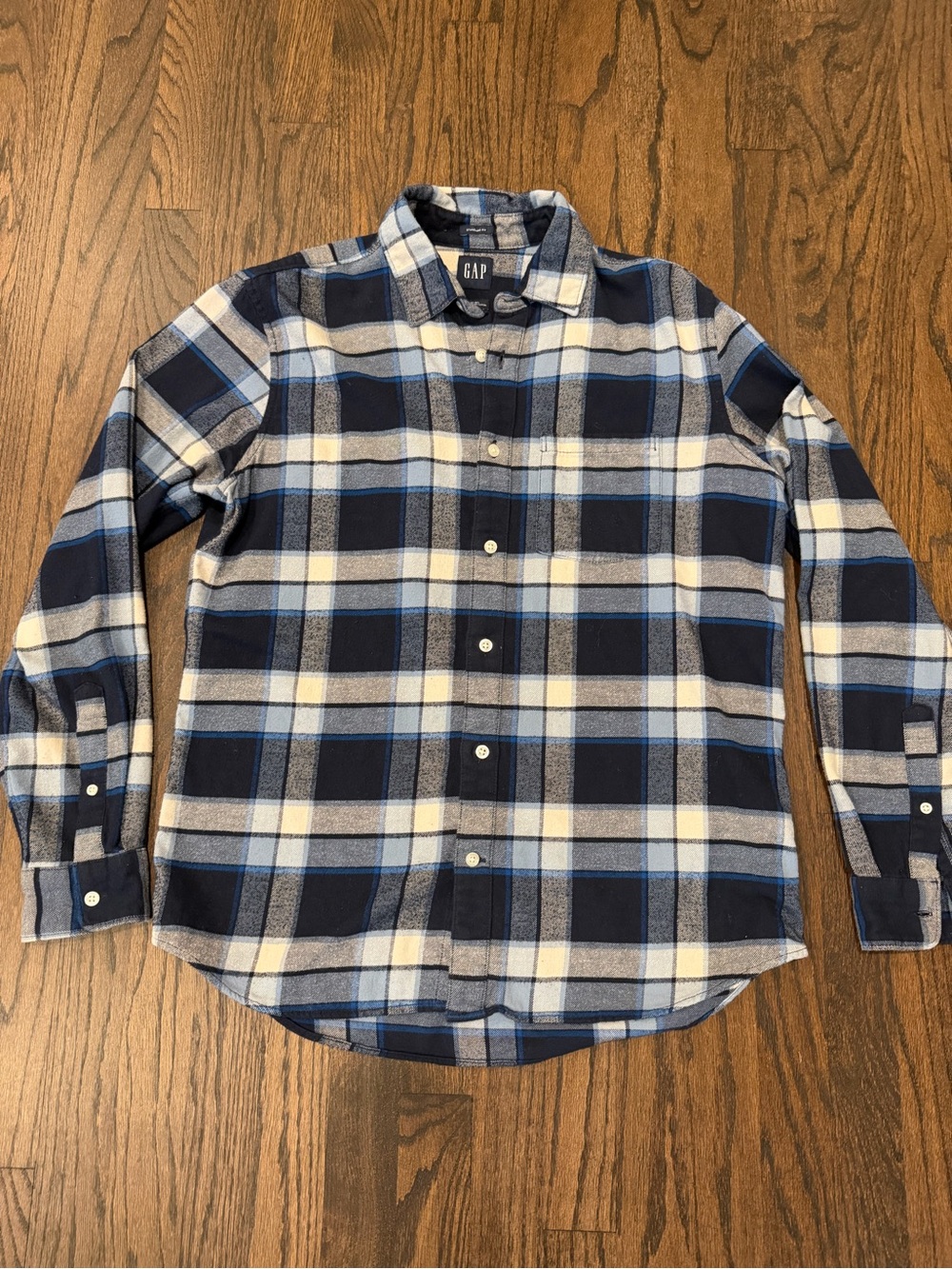 GAP Men’s Navy, Light Blue & White Plaid Button-Down Shirt